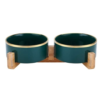 Wholesale Green with gold Ceramic Raised Cat or dog Feed Food Bowl Food Water Dog Basic Bowl With Wooden Frame