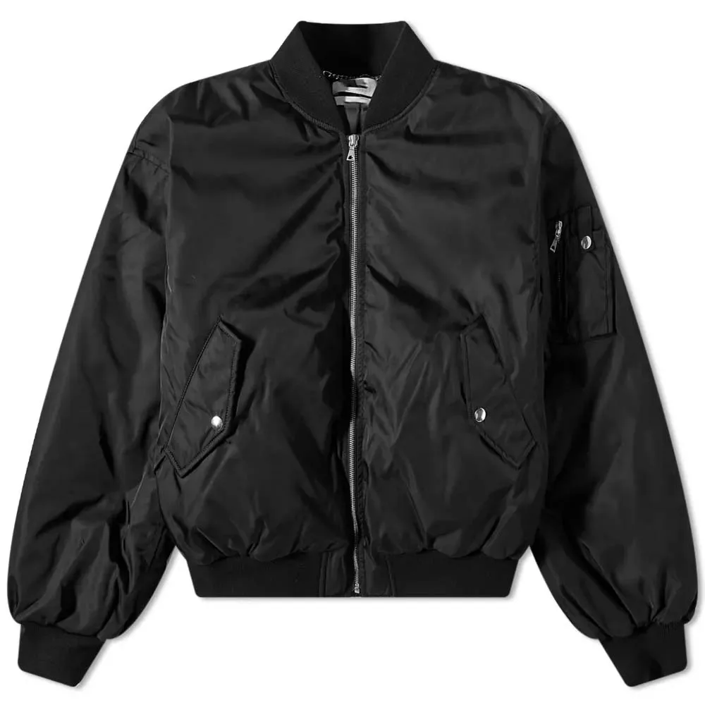 Mens Boxy Fit Oversized Blank Black Down Padded Nylon Bomber Jacket