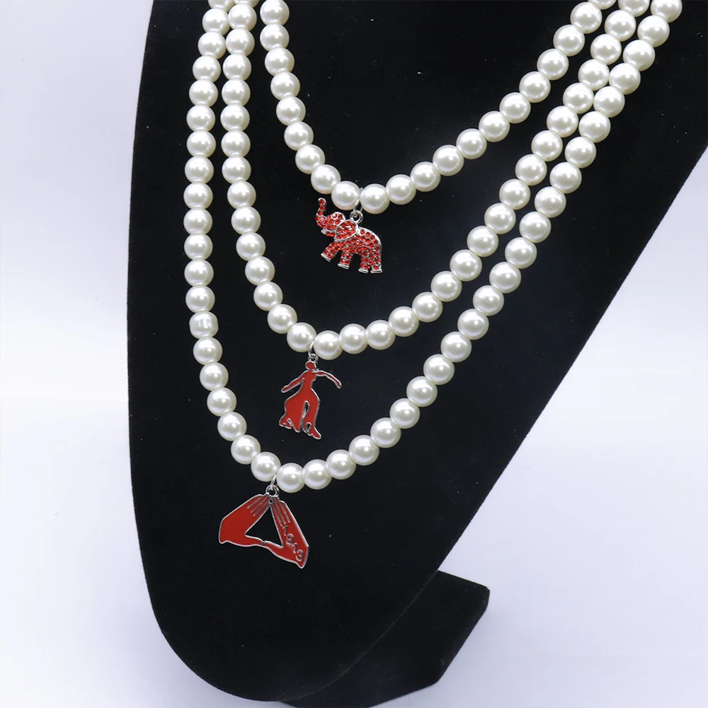 Sisterhood Delta Sigma Theta Inspired Red Elephant Fortitude Lady Triangle Hand Sign Charms Making Greek DST Pearl Necklace