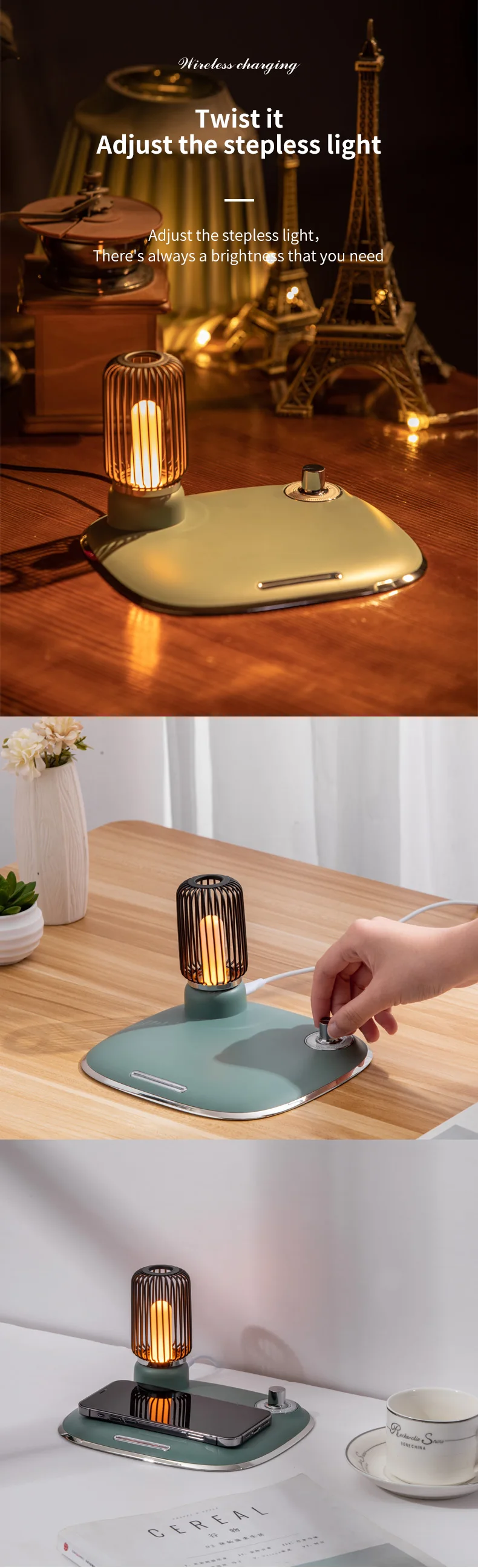2-in-1 Adjustable Bedside Table Rotating Switch 15W 10W 7.5W 5W Wireless Phone Charger Amber Light Lamp Multi-Function