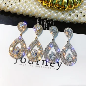 European 925 Silver Post Geometric 18K Gold Plated Sparkly Rhinestone Water Drop Earrings Bling Crystal Teardrop Earrings