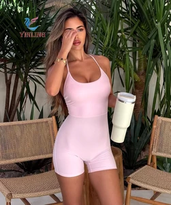Women Sexy Spaghetti Strap Bodycon Stretch Jumpsuit Scoop Neck One Piece Short Romper Yoga Suspender Bodysuit
