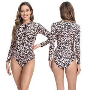 2026 Women's Sustainable One-Piece Rashguard Swimwear Neck Zipper Leopard Floral Print Solid Push Bra Applique Decoration Nylon