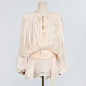 2026 New European American Style Sexy Sweet Spicy Dress Loose Lazy Long-Sleeved Ribbon Lace-Up Slim Short Cotton Spring