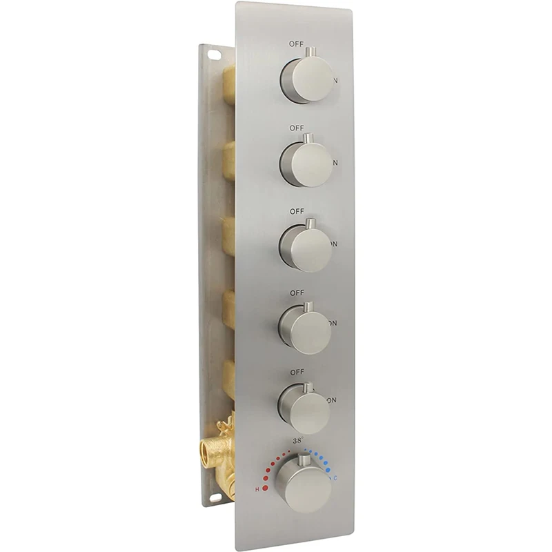 Brushed Nickel 5 Function Brass Concealed Water Diverter Thermostatic Shower Valve Kit Can Run at Same Time