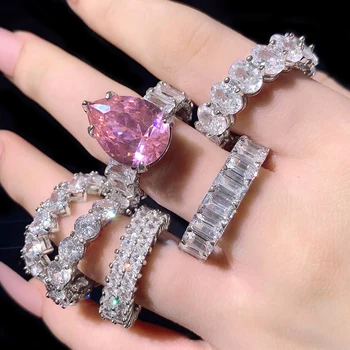 women men couples gold plated silver pink crystal zircon 5A cubic zirconia rings set
