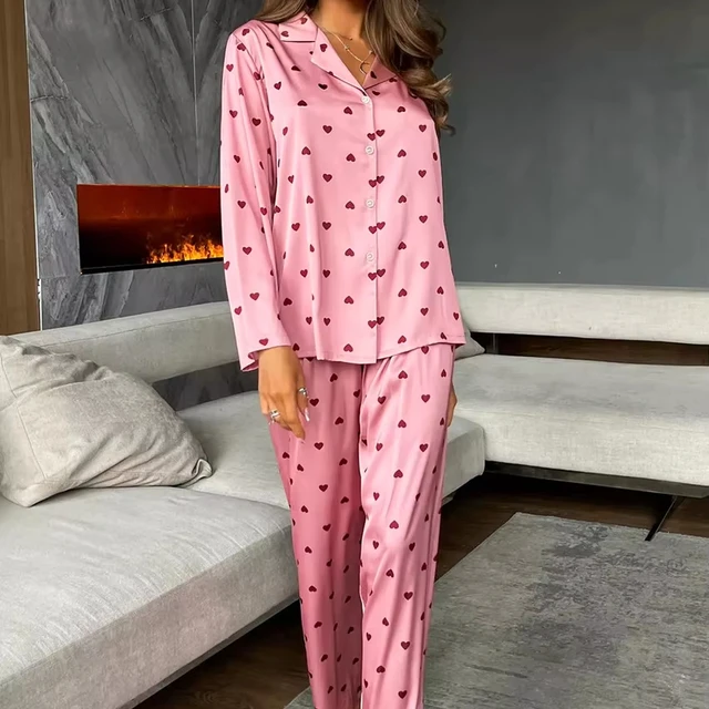 New Arrival Pink Love Print Comfortable Long Sleeve Trousers Pajamas 2PCS Loungewear Women Pajamas Pjs Sets