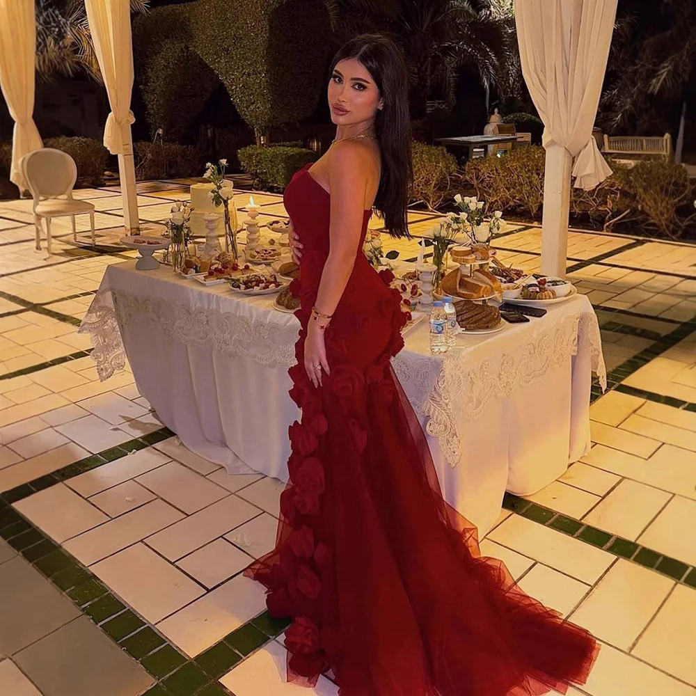 Burgundy Strapless Mermaid Prom Dress with 3D Flowers