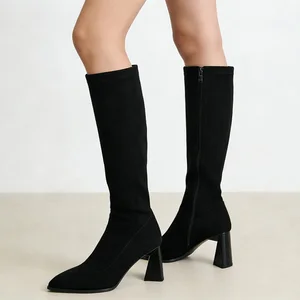 Women's Black Faux Suede Western Knee-High Boots-Pointed-Toe Zip Closure Chunky Heel Slim-Fit Autumn Comfort Soft Footwear
