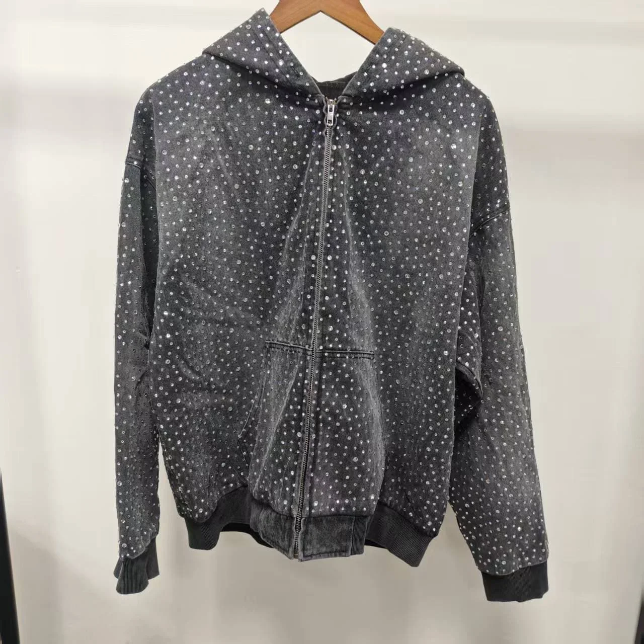 OEM Vintage Stone Washed All Over Diamond Rhinestone Full Zipper Loose Long Sleeve Custom Logo Fashion Jacket Hoodie gallery 6
