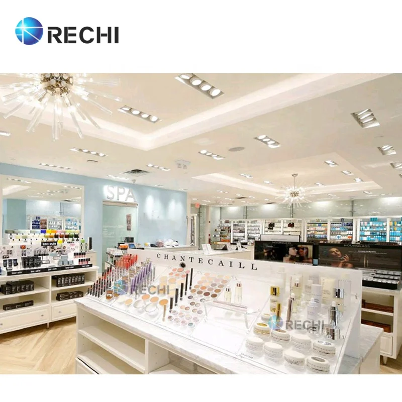 RECHI Makeup Store Display Fixture Wood Cosmetic Retail Display Cabinet Showcase With Counter Makeup Skincare POS Display Rack
