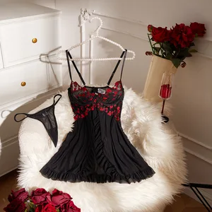 2026 European & American Lingerie: Sheer Rose Embroidered Backless Split-Back Seductive Sheer Strapless Nightdress Set