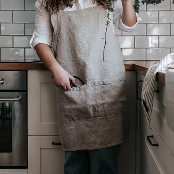 Customized size Personalised Custom LOGO embroidered Linen Pinafore Apron with pocket for kid 100% Pure Flax For cooking Kitchen
