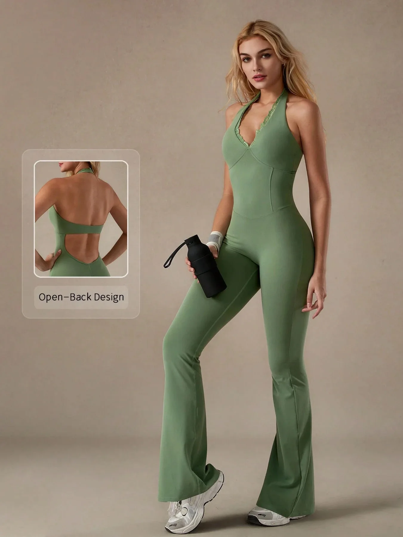 Wholesale Women's Yoga Flare Jumpsuit Chest Pad V-neck Backless Full-Length Lightweight Eco-Friendly Anti-Bacterial Anti-Wrinkle - Image 4