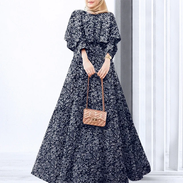 hot sale modest women Muslim Kaftan Abaya Robe Gown Party Patchwork Floral Print Long Maxi Dress