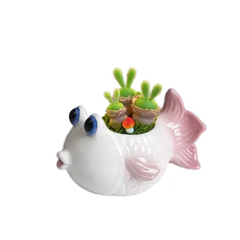 Cute Cartoon Tropical Fish Shaped Succulent Flower Pot Lovely Ocean Big-Eyed Fish Ceramic Porcelain Decoration