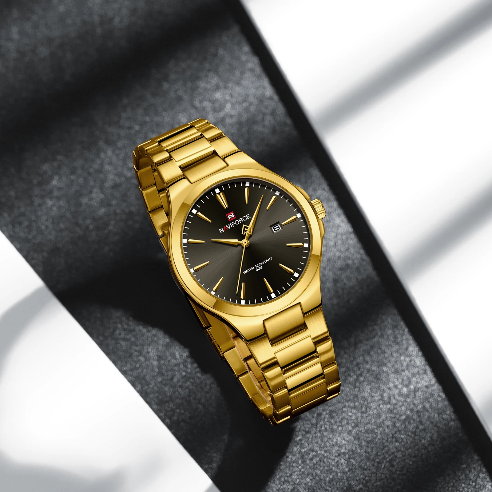 ゴールドオブシディアン Luxury Gold Plated NAVIFORCE 9214 Stainless Steel Quartz Watch for