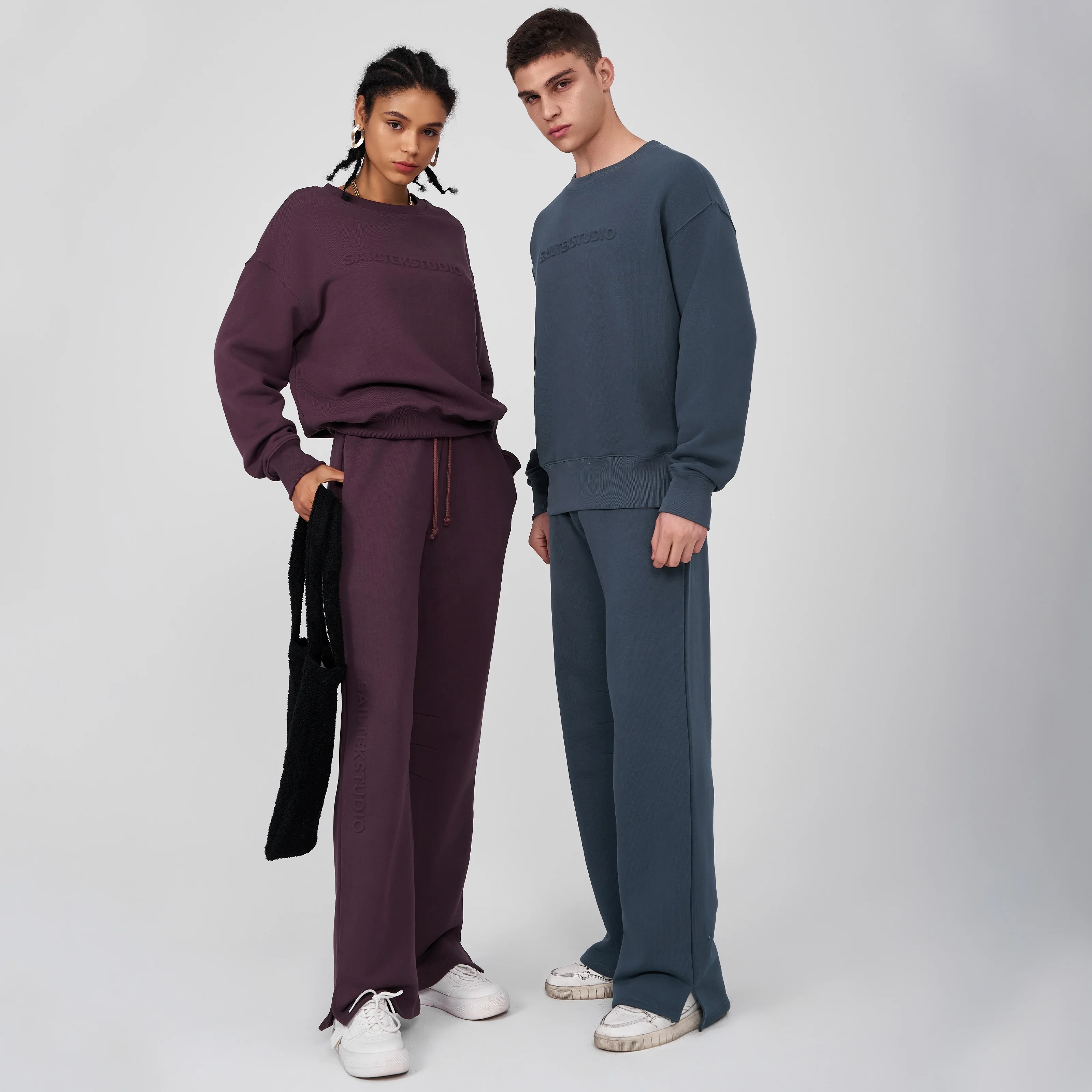 Sweatsuits Sets 350 Gsm Fleece Organic Cotton Tracksuit Unisex Piece  Sweatshirt and Flared Sweatpants Set for Women and Men