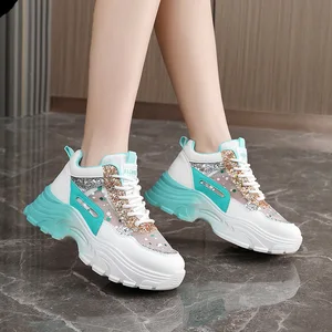 QR8961 Women's Casual Style Sports Shoes Fashionable Thick-Soled Mesh Design Autumn Breathable Light Weight PU Shoes