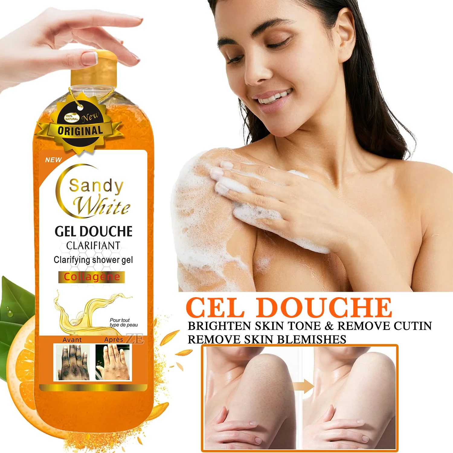 Gel Douche Exfoliant Et Blanchissant 1000ml - Marque 5 Jours Actions - à L'acide Hyaluronique Et Collagène