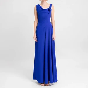 ZYHT 73570 Clothing Manufacturer a Line Sleeveless Long Elegant Blue Pleated Maxi Chic Evening Gown Formal Dress for Women