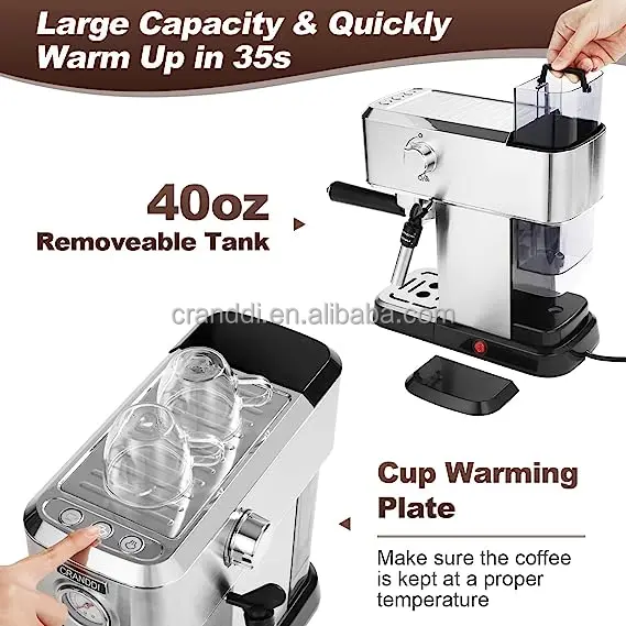 CRANDDI Coffee Machine Espresso With pressure meter Home Business Stainless Steel Machine