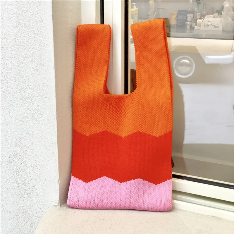 New Arrival Simple Rainbow Colorful Crochet Wave Women Handbag Knitted Shoulder Casual Lady Mini Portable Wrist Knot  Bag