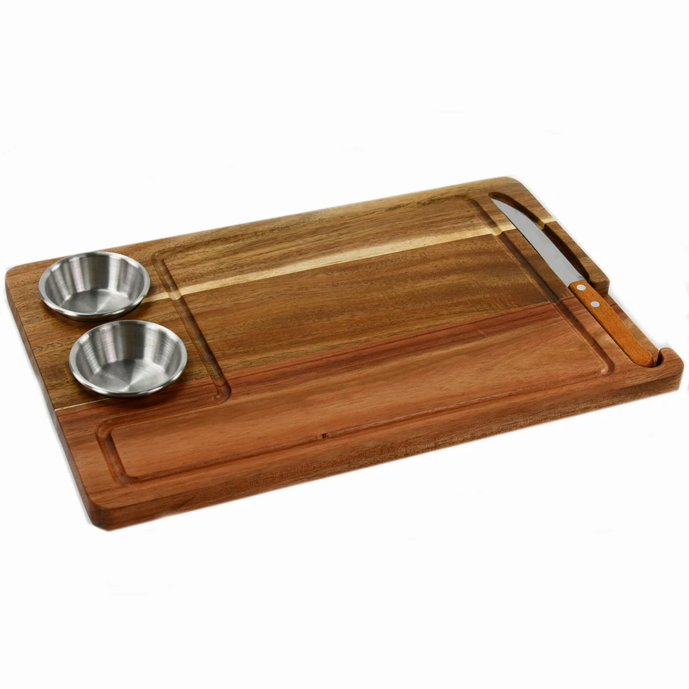 Acacia Steak Board with Juice Groove, Steak Knife, and Condiment Cups