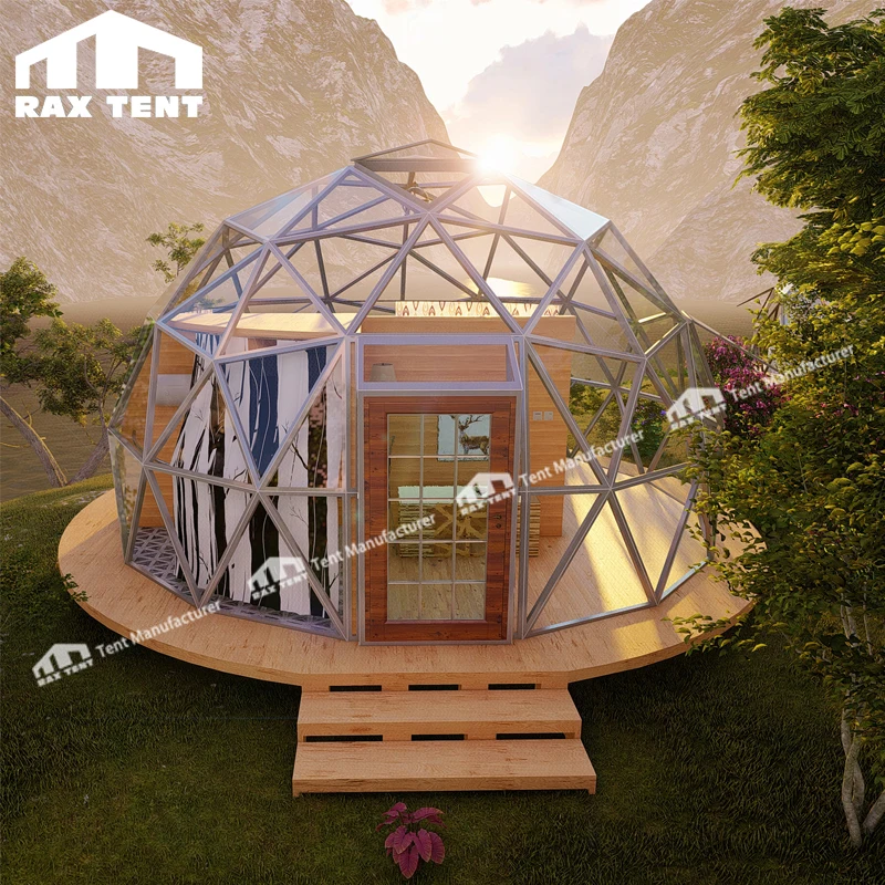 6M Glass Dome House Glass Igloo with Wood Color Aluminum Frame and Low-e  Glass for Glamping Resort