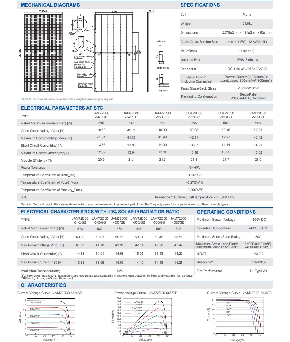 Ja Solar 540w 545w 550w 555w 560w 565w Mbb Bifacial Mono Perc Half-cell ...