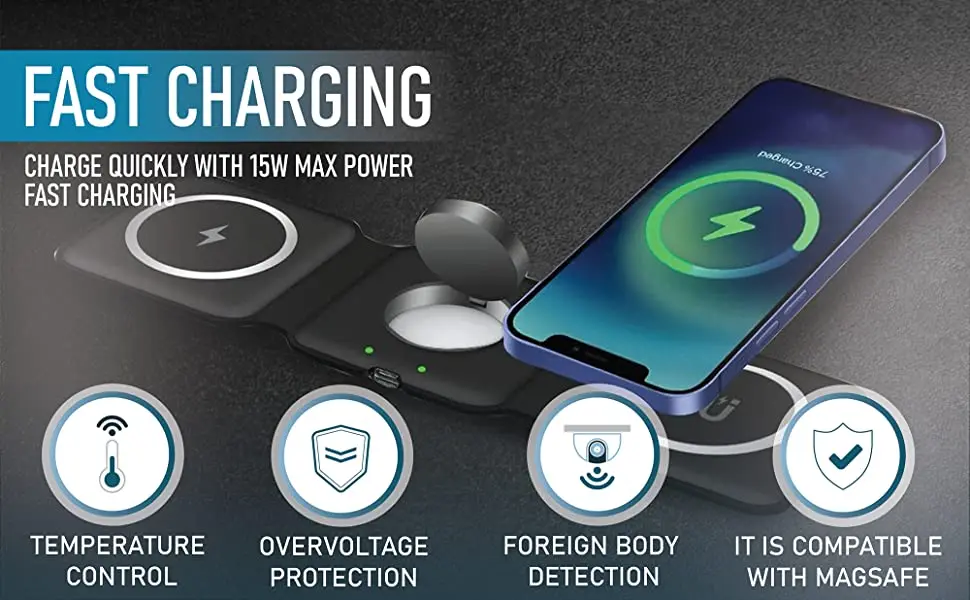 15w 3 In 1 Foldable Wireless Charging Charger Station Black Wide Compatibility Headphones Smart