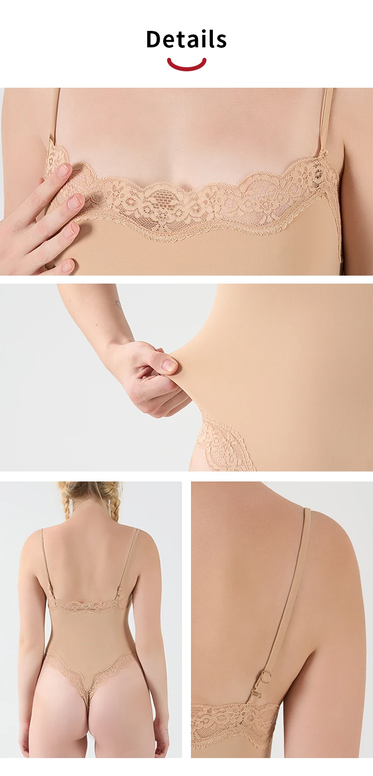 HKRXEC Lace-Trim V-Neck Shaping Bodysuit Brief in Nude