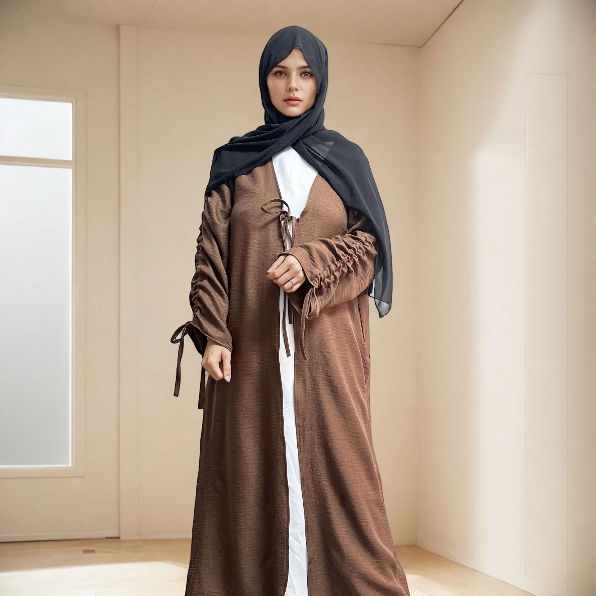 Modest Turkey Lady Elegant Abaya Dress Kaftan Tie Sleeves Long Maxi Pockets  Dresses Cardigan for Women S390