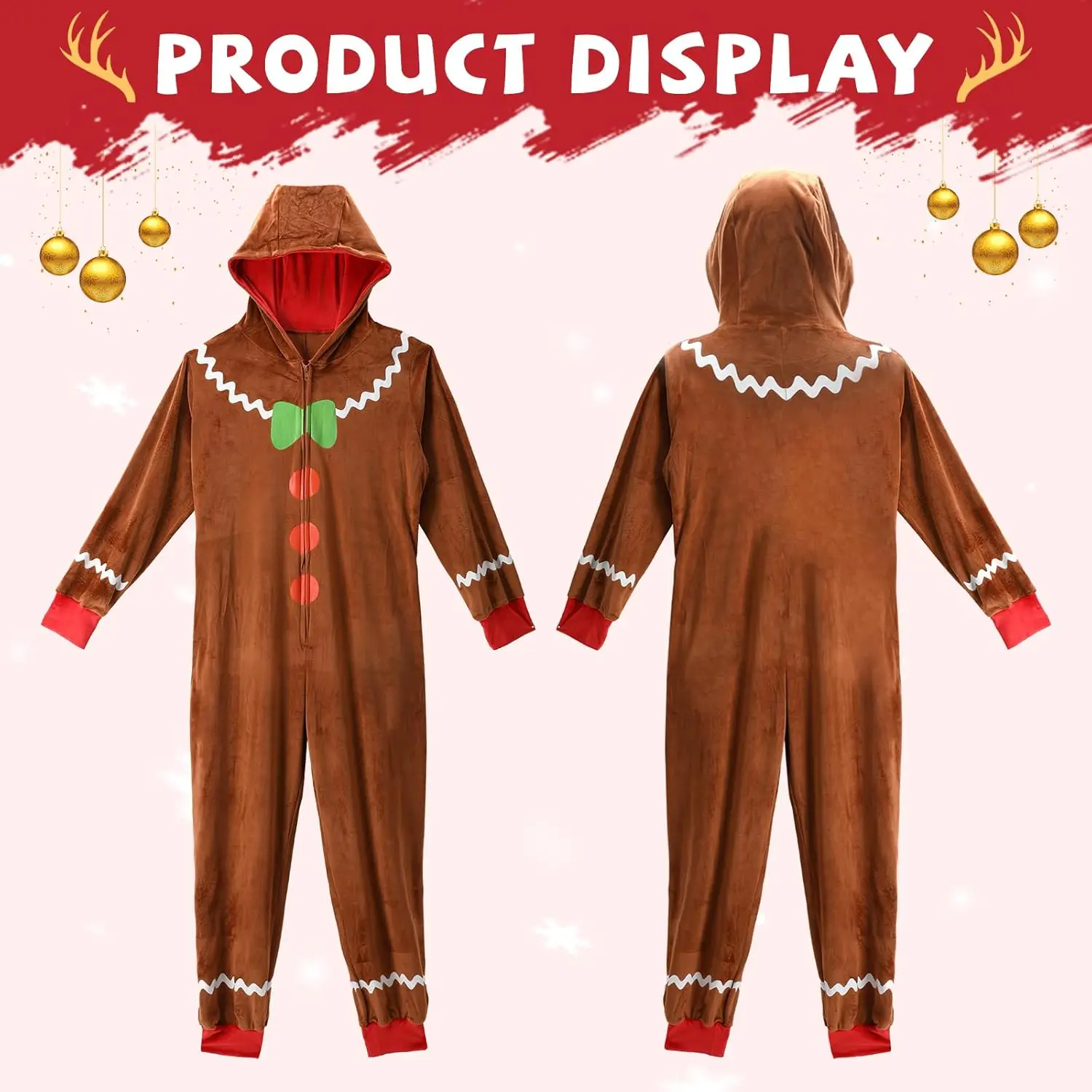 YUIQPKJX Gingerbread Zipper Onesie Unisex Fleece Pajamas Christmas Hooded Costume Sleepwear for Men Women