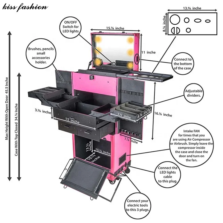 Portable Rolling Train Case with Trolley Large Capacity Eco-Friendly Makeup Artist Vanity Tool Storage Features Lights