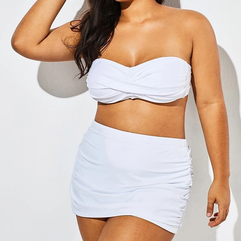 Custom Color Twist Front Off-the-shouder White Swimsuit Plus Size Strapless Bathing Suits For Women With Skirt