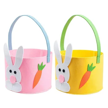 Custom Cute Yellow and Pink Felt Tote Bags Easter Bunny Bucket with Carrot Decorations for Easter Gifts