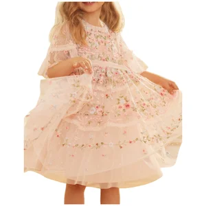 Custom Kids Dress Girls Casual Formal Ribbon Bouquet Design O-Neck Sequined Knee-Length Summer Birthday Outfit Children