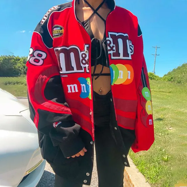 fall 2023 women clothes m&m print contrast color bomber jacket casual loose oversized racing motorcycle jacket streetwear