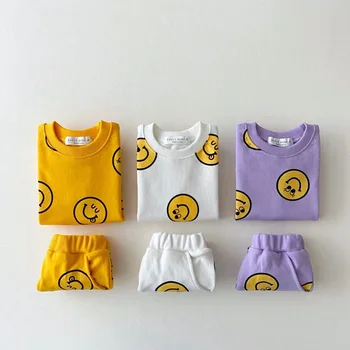 Summer New Cotton Baby Clothes Set Boys And Girl Cute Smile Print Tops + Shorts 2pcs Kids Children Clothing Suit