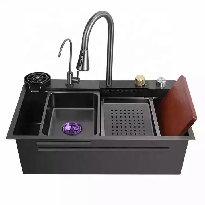 Modern Black 304 Stainless Steel Square Brushed Kitchen Sink Faucet Multifunction Waterfall Rainfall Single Bowl Set