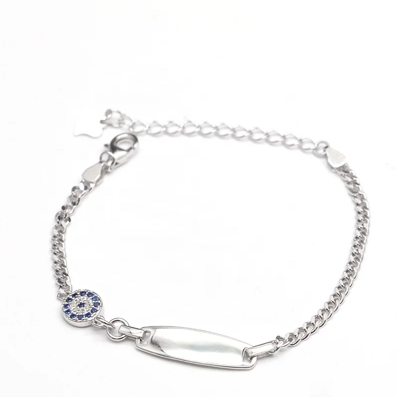 Simple Blank Rectangular Bracelet 925 Sterling Silver Zircon Cuban Chain Blue Eyes Bracelet for Women