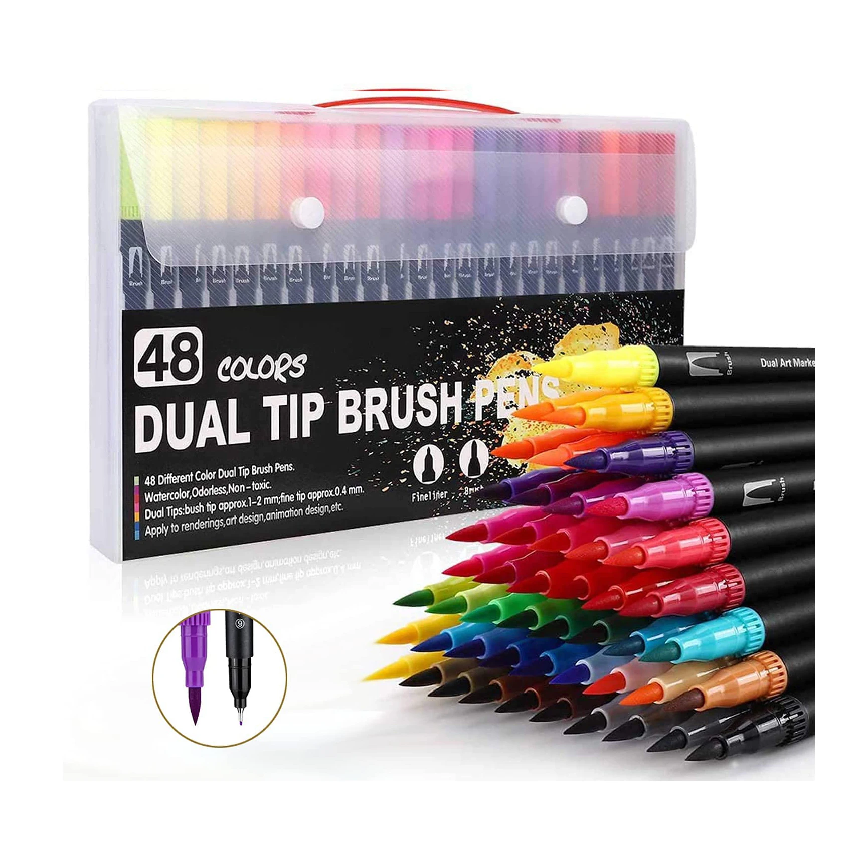 100 Colors Dual Tip Brush Pens with 1 Adult Coloring Book, Bulk Watercolor