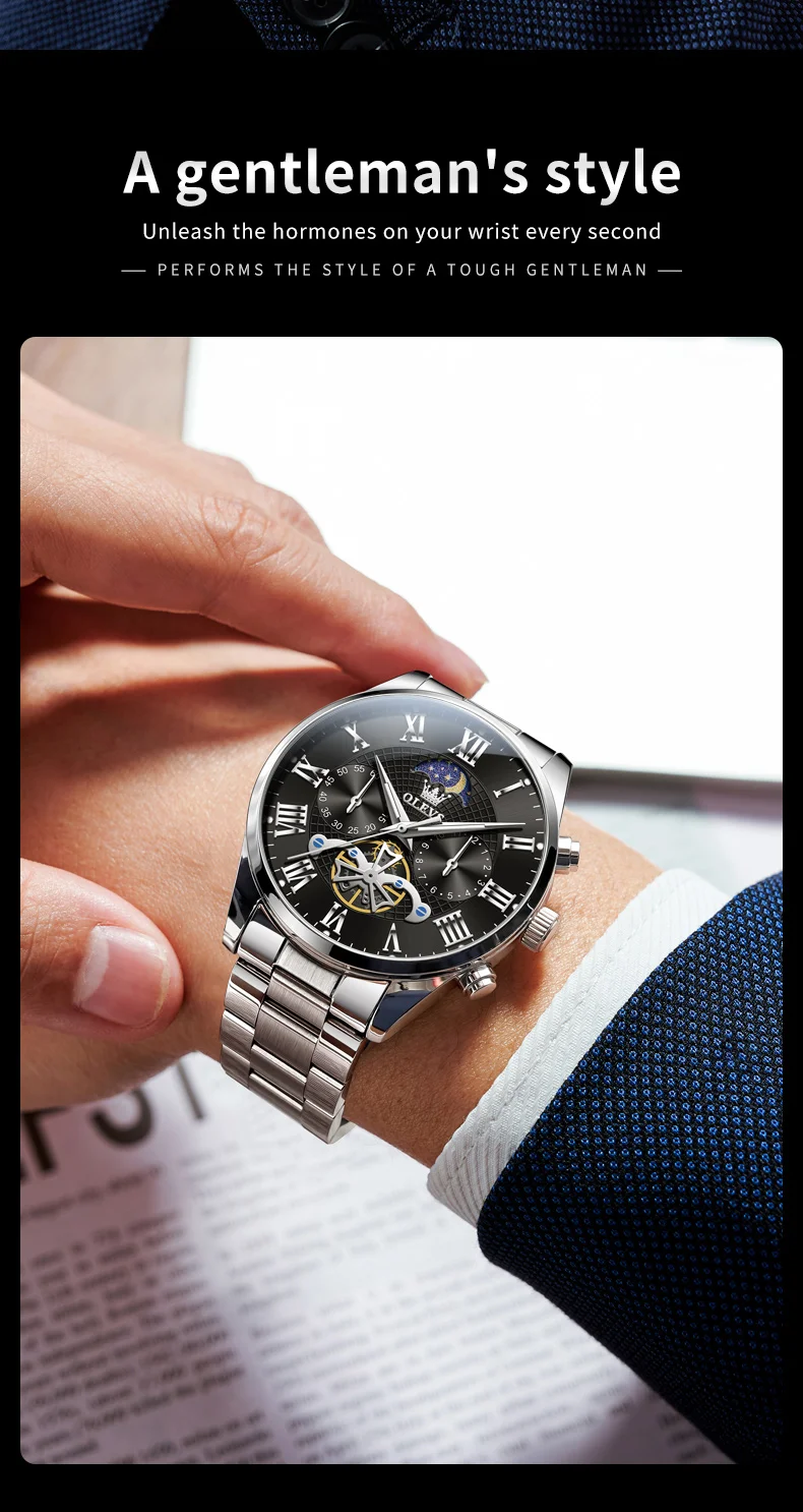 OLEVS 3640 Men's Watches TOP Brand Chronograph Moon Phase Roman Scale Stainless Steel Luminous Hands Waterproof Man Wristwatches
