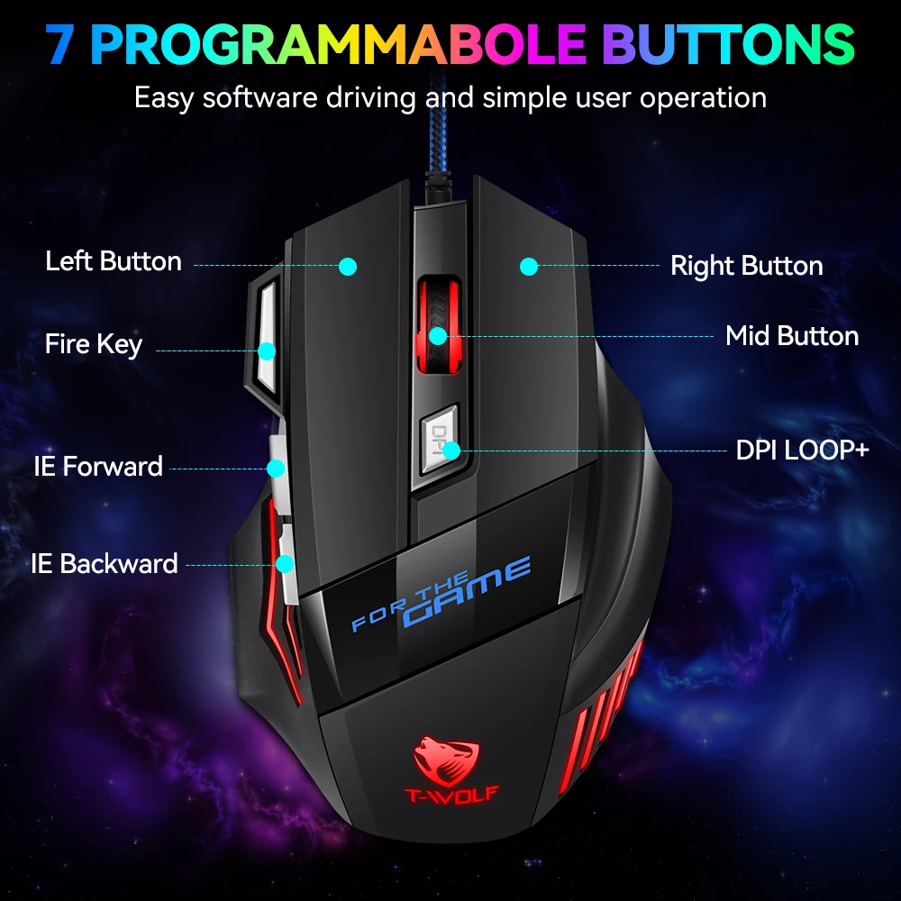 T-WOLF M1 High Performance Wired Gaming Mouse RGB LED Backlit Mouse 3600 DPI 7D Game Ergonomic  Mice for Souris Gamer Laptop