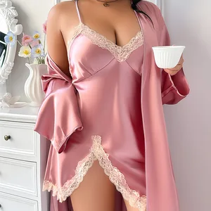 Summer Breathable Ice Silk Pajamas Set Large Size Satin Material Sexy Suspender Robe Front Logo Solid Pattern Knee Length
