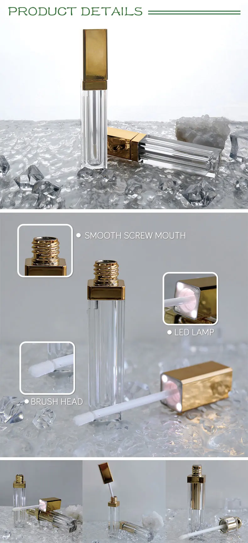 Private Label Luxury clear square Custom Empty 7ml 10ml Led Light Plastic Lip Gloss Tube with Mirror Lip Gloss Container Tube