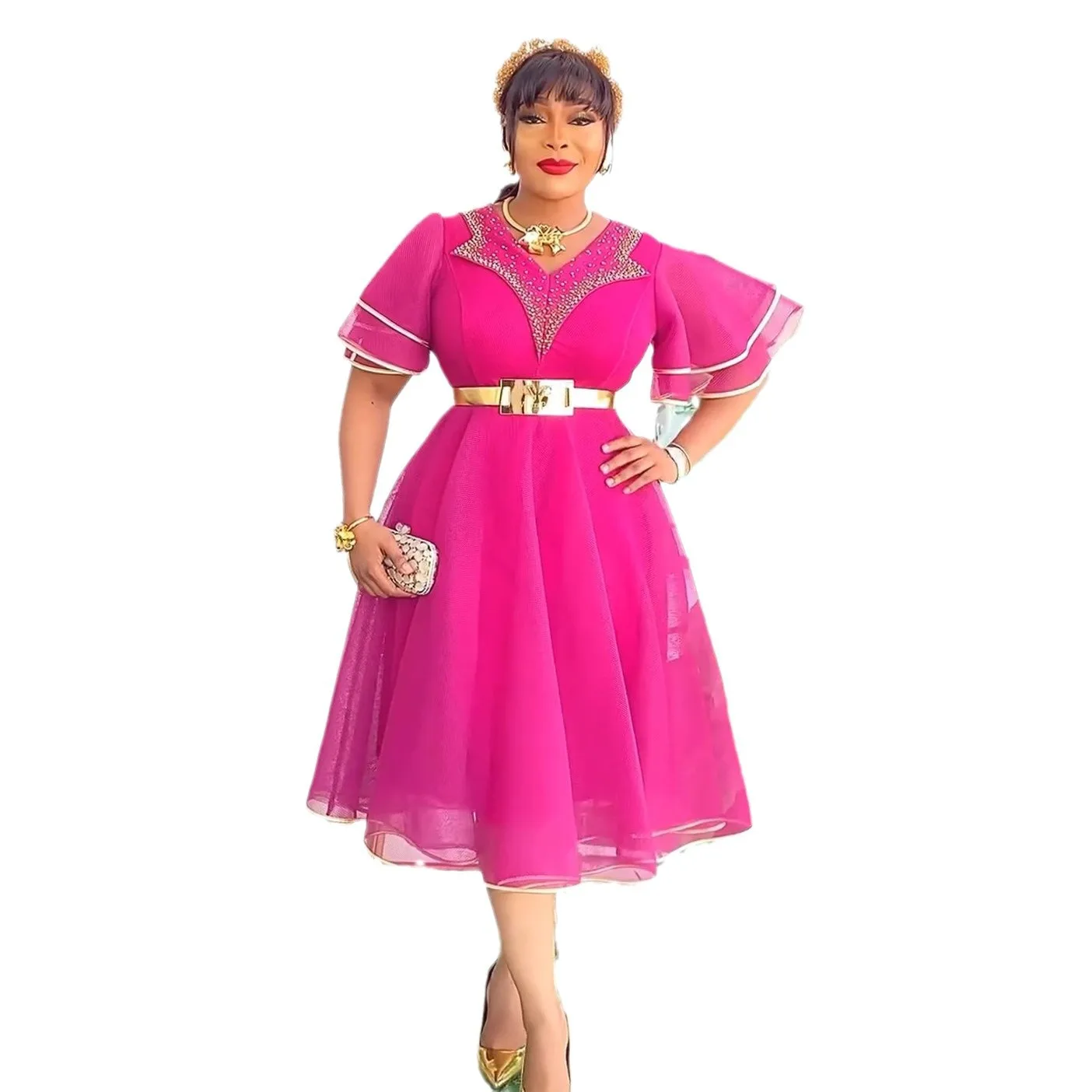 knee length dresses for ladies Modest Short Sleeves A Line Tulle Dusty Pink Bridesmaid Dress – TANYA BRIDAL main image 1