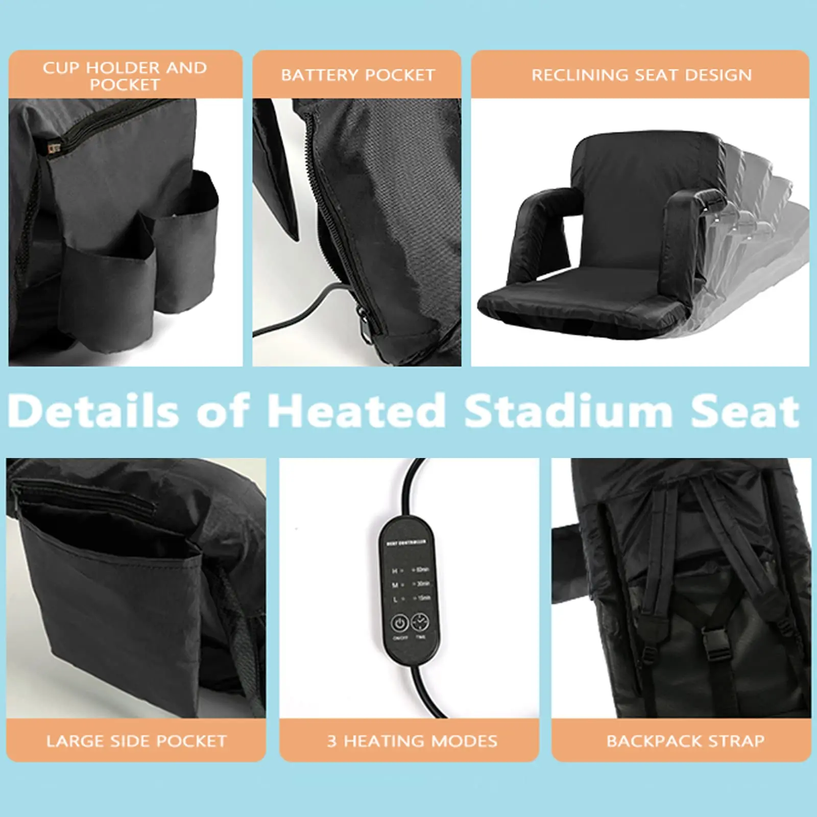Outdoor 3 Level Heating Adjustable Arm Back Support USB Heated Camping Chair Heated Stadium Seats for Bleachers