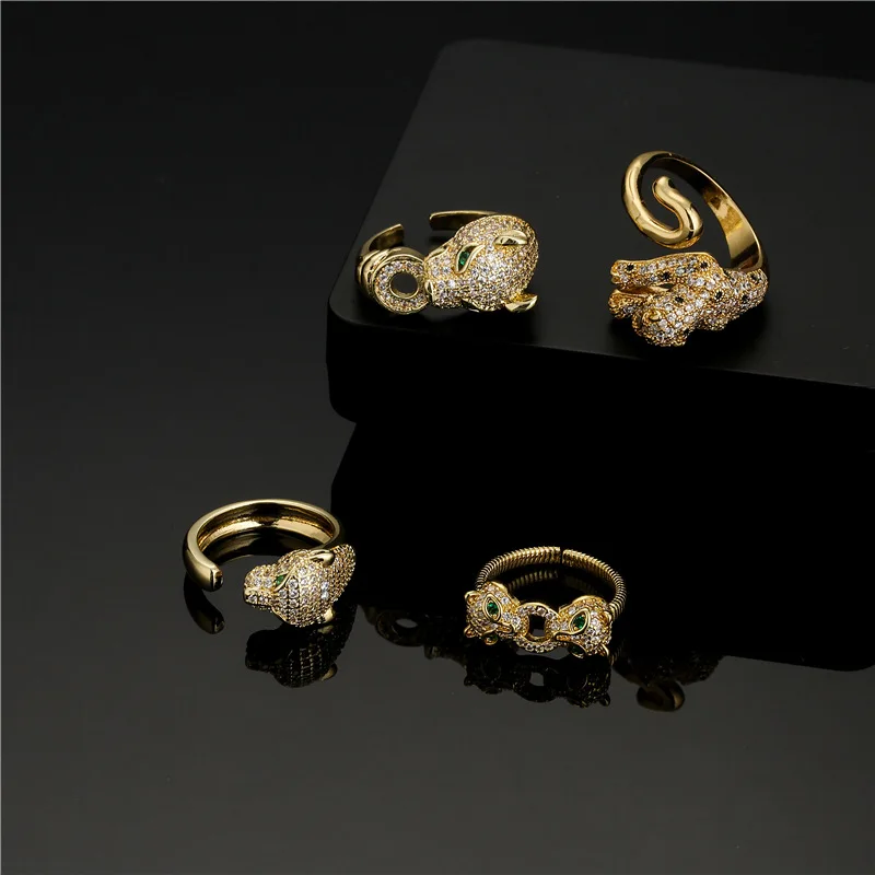 Style Cubic Zirconia Gold Color 3d Stereo Animal Leopard Ring Womens Mens Ring Hiphop Ice Out Bling  Panther Ring